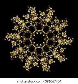 Mandala. Gold round ornament pattern on black background.