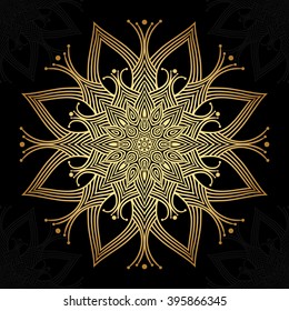 Mandala. Gold round ornament pattern on black background.