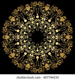 Mandala. Patrón de adorno redondo dorado sobre fondo negro. 
