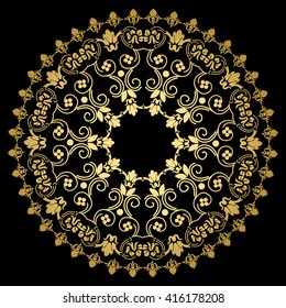 Mandala. Gold round ornament pattern on black background.