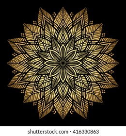 Mandala. Goldenes, rundes Ornament auf schwarzem Hintergrund.