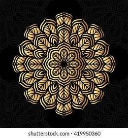 Mandala. Goldenes, rundes Ornament auf schwarzem Hintergrund.