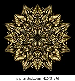  Mandala. Patrón de adorno redondo dorado sobre fondo negro.