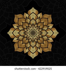 Mandala. Gold round ornament pattern on black background.