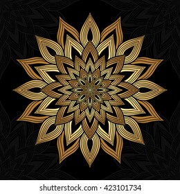 Mandala. Gold round ornament pattern on black background.