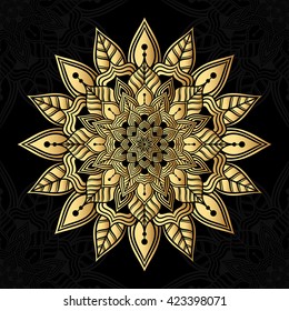 Mandala. Gold round ornament pattern on black background.