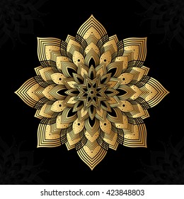 Mandala. Gold round ornament pattern on black background.