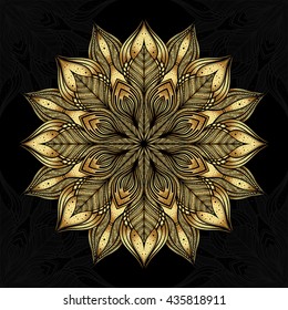 Mandala. Gold round ornament pattern on black background.