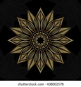 Mandala. Gold round ornament pattern on black background.