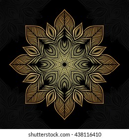 Mandala. Gold round ornament pattern on black background.