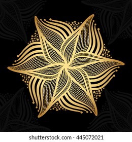 Mandala. Gold round ornament pattern on black background.