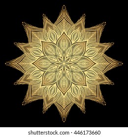 Mandala. Gold round ornament pattern on black background.