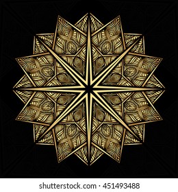 Mandala. Gold round ornament pattern on black background.