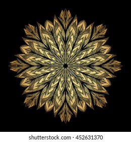 Mandala. Gold round ornament pattern on black background.