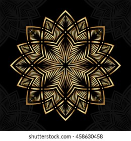 Mandala. Gold round ornament pattern on black background.
