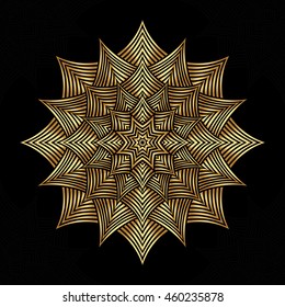 Mandala. Gold round ornament pattern on black background.