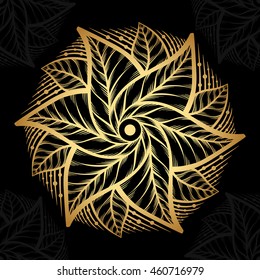 Mandala. Gold round ornament pattern on black background.
