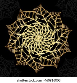 Mandala. Gold round ornament pattern on black background.