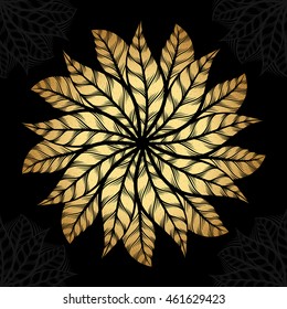 Mandala. Gold round ornament pattern on black background.