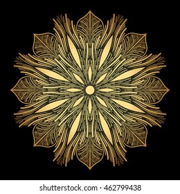 Mandala. Gold round ornament pattern on black background.