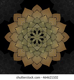 Mandala. Gold round ornament pattern on black background.