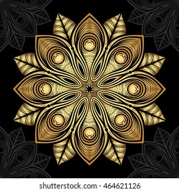 Mandala. Gold round ornament pattern on black background.