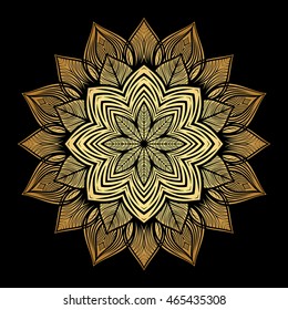 Mandala. Gold round ornament pattern on black background.