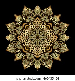 Mandala. Patrón de adorno redondo de oro sobre fondo negro.