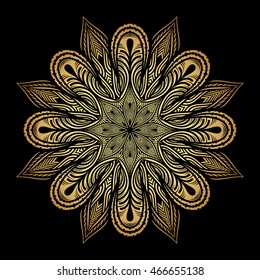 Mandala. Gold round ornament pattern on black background.