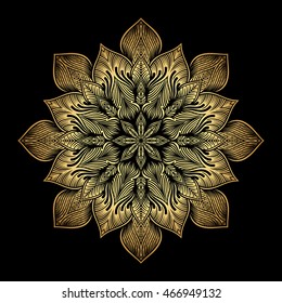 Mandala. Gold round ornament pattern on black background.