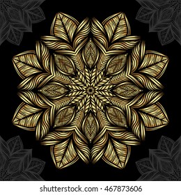 Mandala. Gold round ornament pattern on black background.