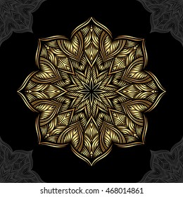 Mandala. Gold round ornament pattern on black background.