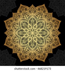 Mandala. Gold round ornament pattern on black background.