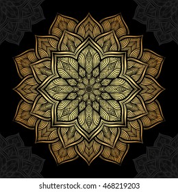 Mandala. Gold round ornament pattern on black background.