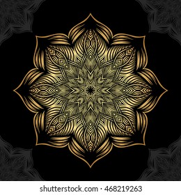 Mandala. Gold round ornament pattern on black background.