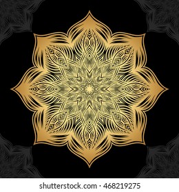 Mandala. Gold round ornament pattern on black background.