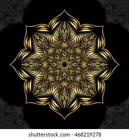 Mandala. Gold round ornament pattern on black background.