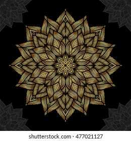 Mandala. Goldenes rundes Ornament auf schwarzem Hintergrund.