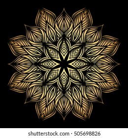 Mandala. Gold round ornament pattern on black background.