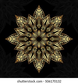 Mandala. Gold round ornament pattern on black background.