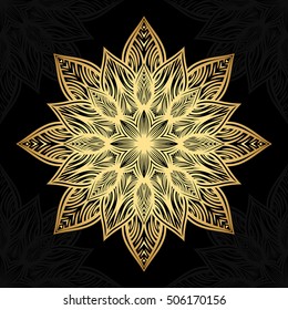 Mandala. Gold round ornament pattern on black background.