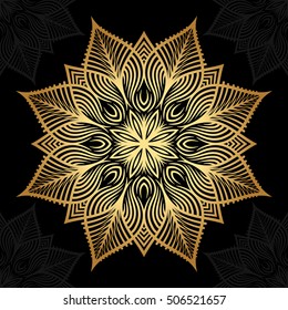 Mandala. Gold round ornament pattern on black background.