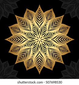 Mandala. Gold round ornament pattern on black background.