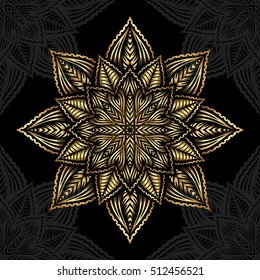 Mandala. Gold round ornament pattern on black background. Vector illustration.