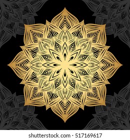 Mandala. Gold round ornament pattern on black background. Vector illustration.