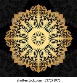 Mandala. Gold round ornament pattern on black background. Vector illustration.