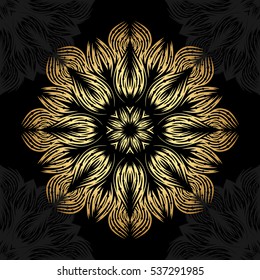 Mandala. Gold round ornament pattern on black background. Vector illustration.