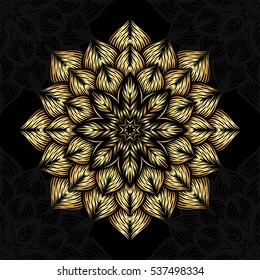 Mandala. Gold round ornament pattern on black background. Vector illustration.