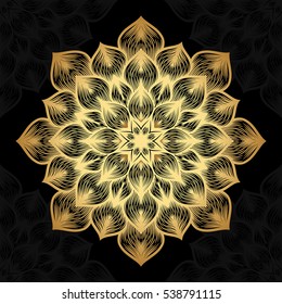 Mandala. Gold round ornament pattern on black background. Vector illustration.