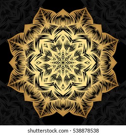 Mandala. Gold round ornament pattern on black background. Vector illustration.